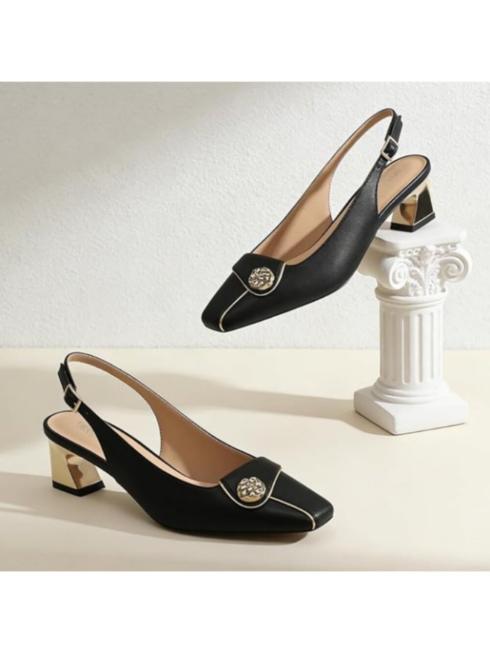 Women's Slingback Chunky Block Heels Closed Square Toe Pumps Low Heel Black - Picture 3 of 6